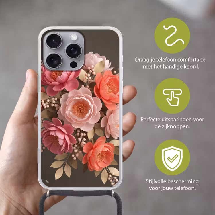 Bloemen - Bloesem - Zacht - Koraal - Decoratie Hoesje iPhone 16 Pro Max met koord klein -sfeer2_NL