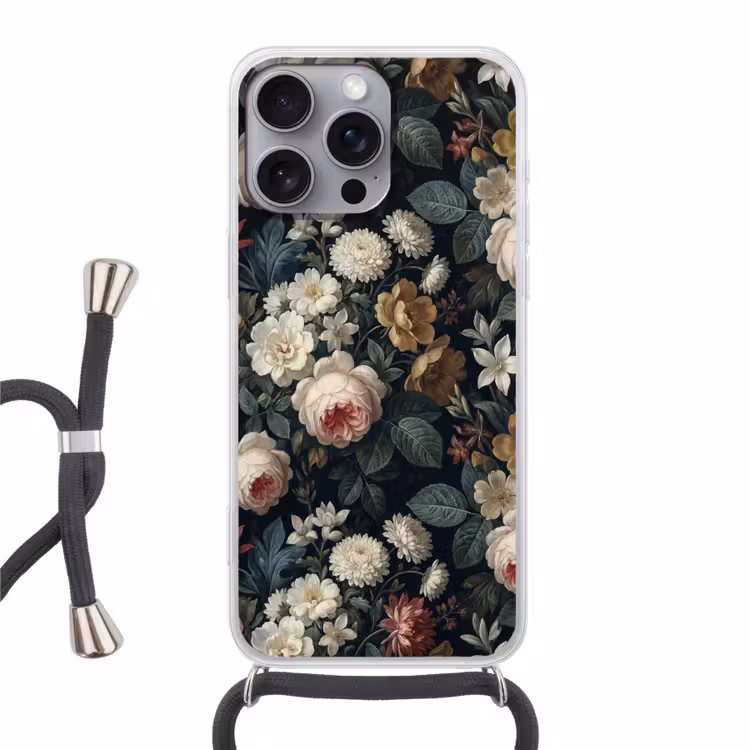 Bloemen - Boeket - Botanisch - Vintage - Donkere achtergrond Hoesje iPhone 16 Pro Max met koord klein -3d