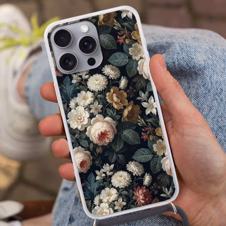 Bloemen - Boeket - Botanisch - Vintage - Donkere achtergrond Hoesje iPhone 16 Pro Max met koord klein -sfeer3