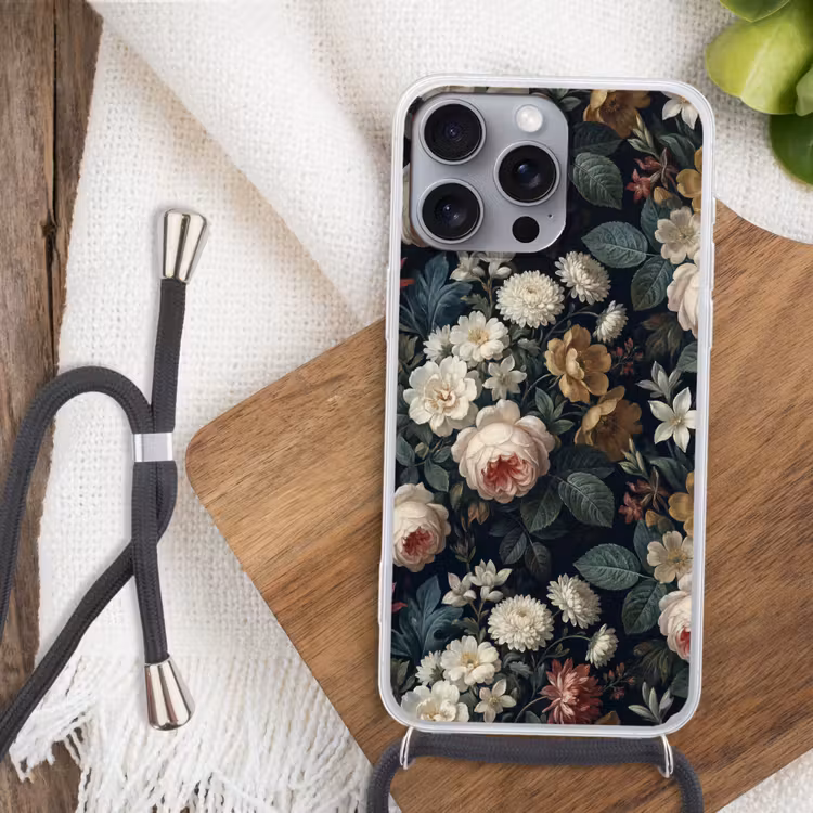 Bloemen - Boeket - Botanisch - Vintage - Donkere achtergrond Hoesje iPhone 16 Pro Max met koord klein -sfeer4