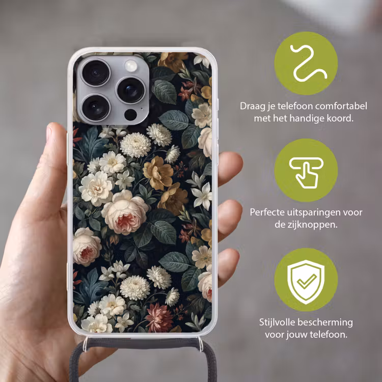 Bloemen - Boeket - Botanisch - Vintage - Donkere achtergrond Hoesje iPhone 16 Pro Max met koord klein -sfeer2_NL