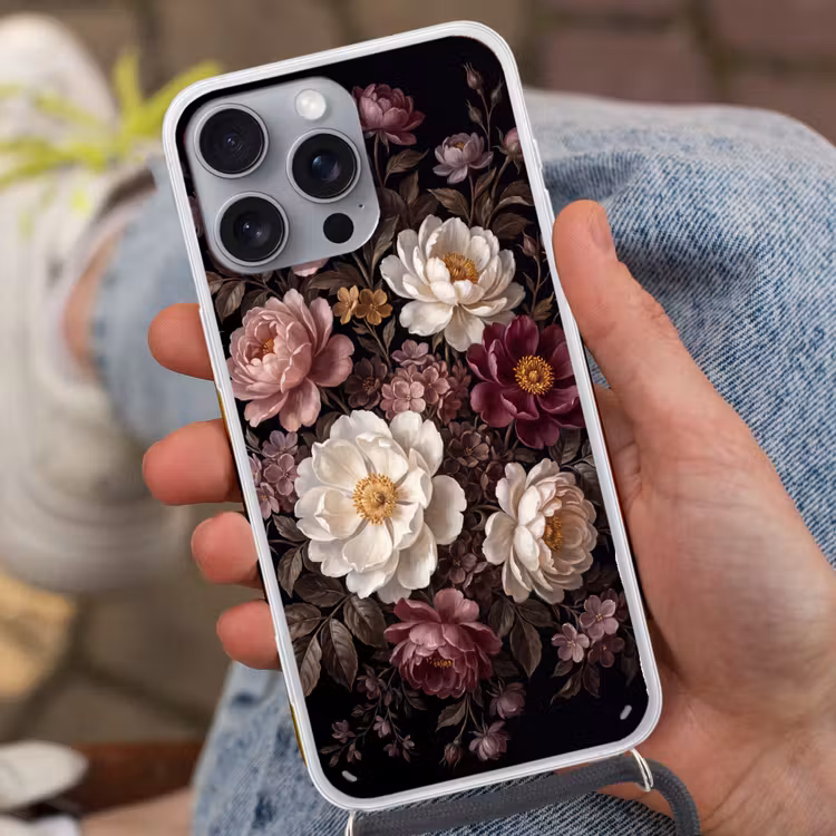 Bloemen - Boeket - Klassiek - Donker - Rood Hoesje iPhone 16 Pro Max met koord klein -sfeer3