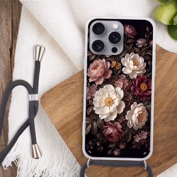 Bloemen - Boeket - Klassiek - Donker - Rood Hoesje iPhone 16 Pro Max met koord klein -sfeer4