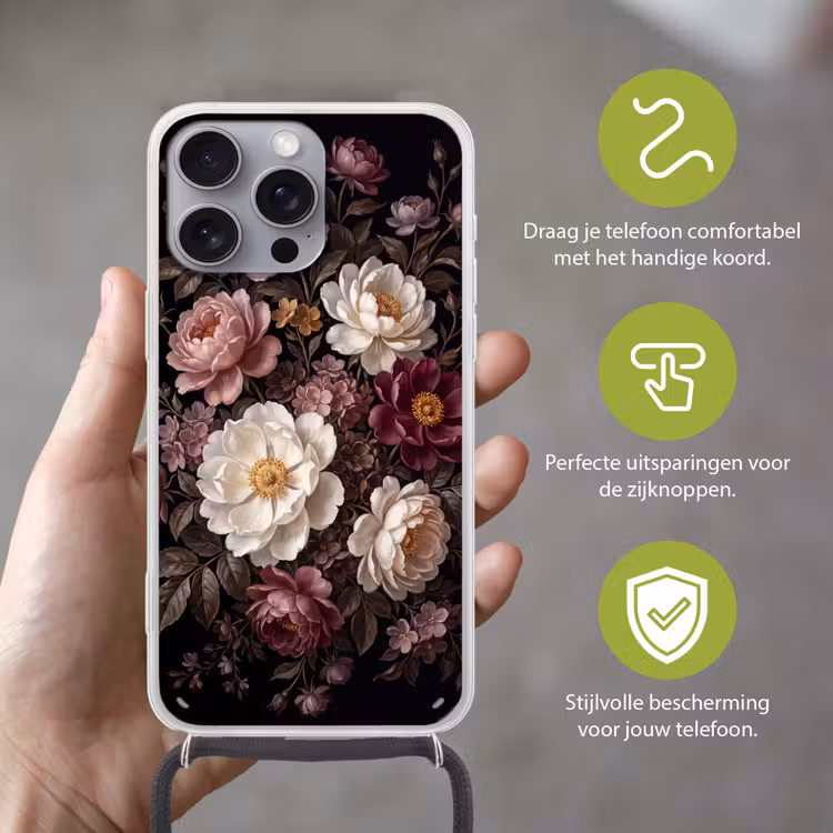 Bloemen - Boeket - Klassiek - Donker - Rood Hoesje iPhone 16 Pro Max met koord klein -sfeer2_NL