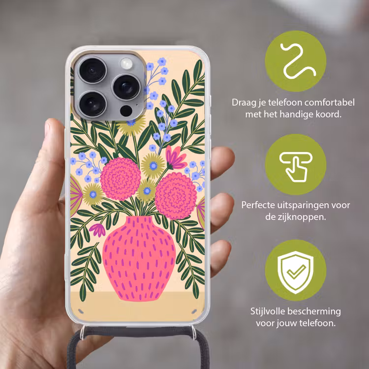 Bloemen - Boeket - Natuur - Abstract - Roze Hoesje iPhone 16 Pro Max met koord klein -sfeer2_NL