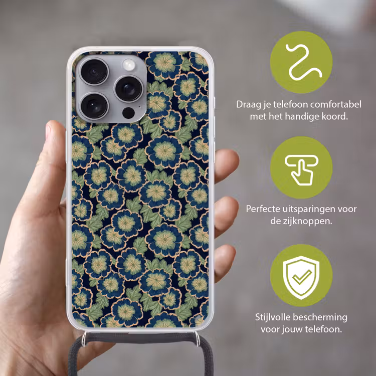 Bloemen - Borduurwerk - Patroon - Blauw - Groen Hoesje iPhone 16 Pro Max met koord klein 804 -sfeer2_NL