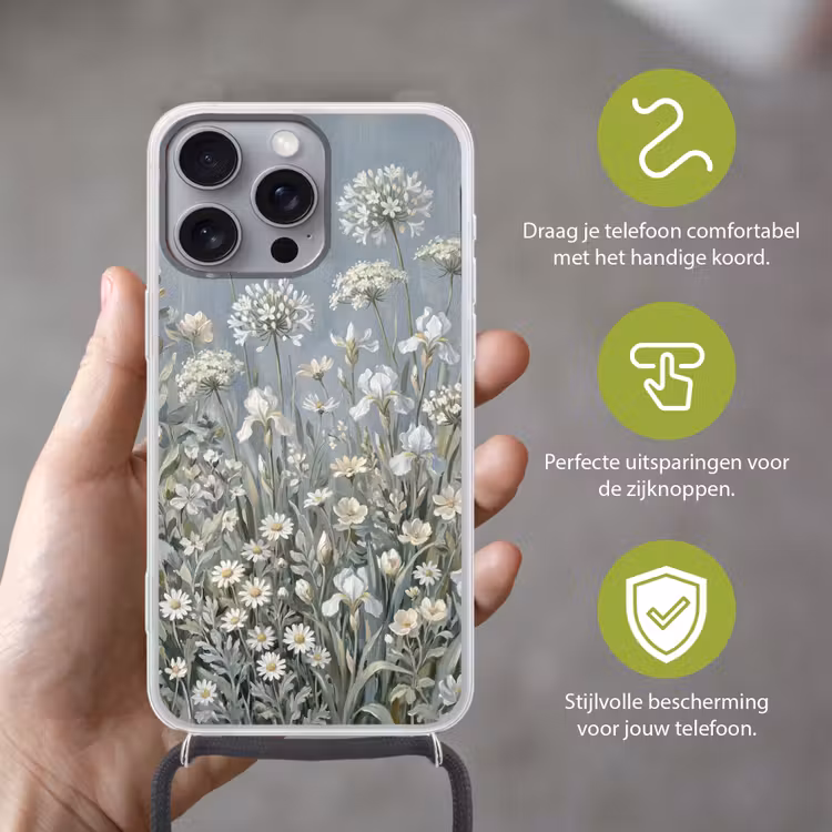 Bloemen - Botanisch - Blauw Hoesje iPhone 16 Pro Max met koord klein -sfeer2_NL