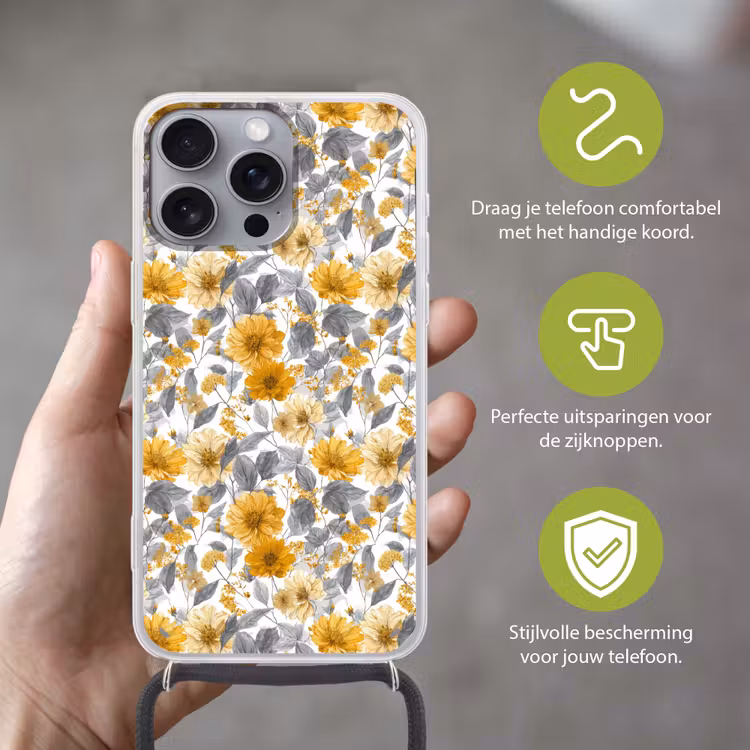 Bloemen - Botanisch - Elegant - Okergeel - Grijs Hoesje iPhone 16 Pro Max met koord klein 804 -sfeer2_NL