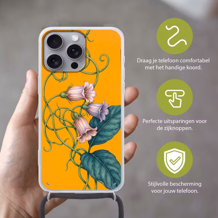 Telefoonhoesje met koord - Bloemen - Botanisch - Geel - Bloemen - Botanisch - Geel Hoesje iPhone 16 Pro Max met koord klein
