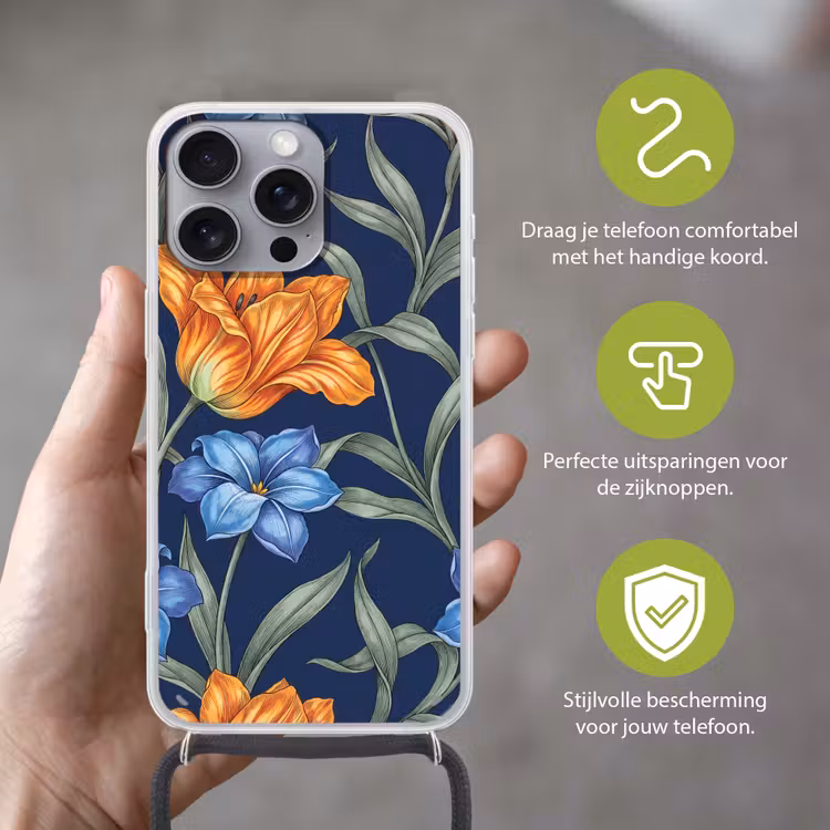 Telefoonhoesje met koord - Bloemen - Botanisch - Patroon - Bloemen - Botanisch - Patroon Hoesje iPhone 16 Pro Max met koord klein