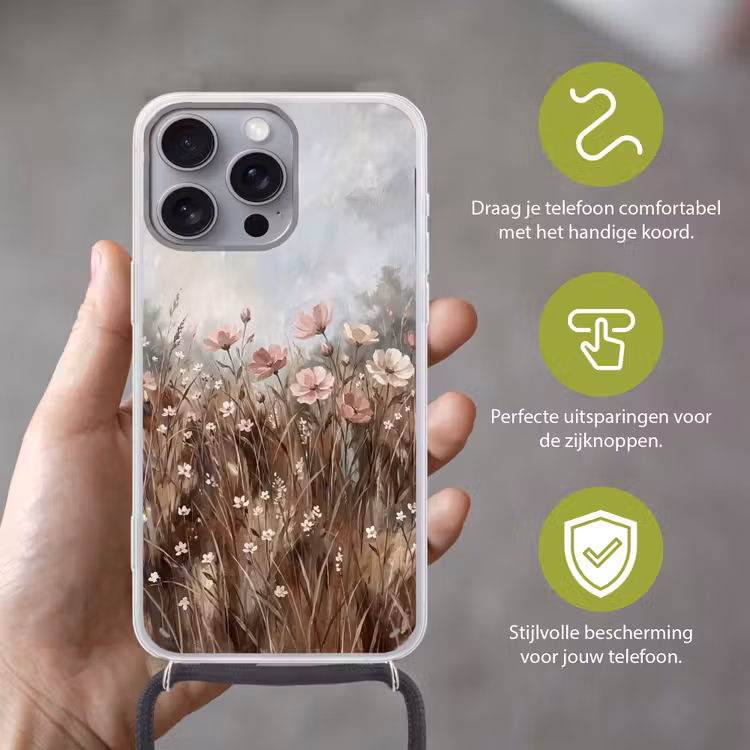 Bloemen - Botanisch - Schilderij - Pastel - Rustiek Hoesje iPhone 16 Pro Max met koord klein -sfeer2_NL