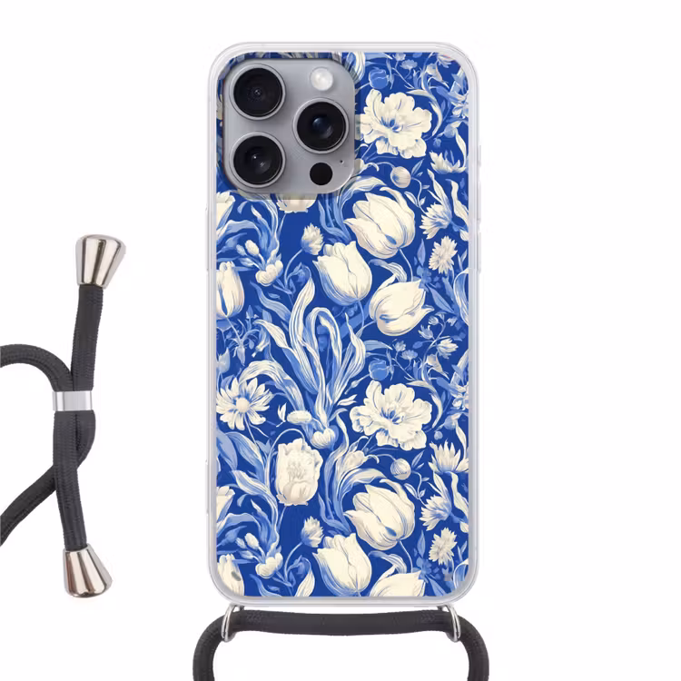 Bloemen - Delfts Blauw - Patroon - Tulp Hoesje iPhone 16 Pro Max met koord klein -3d