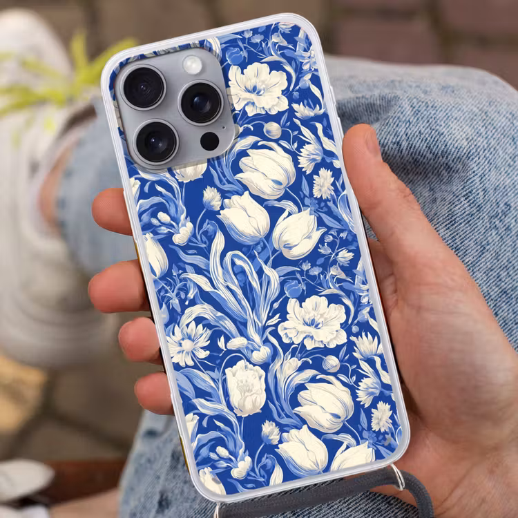 Bloemen - Delfts Blauw - Patroon - Tulp Hoesje iPhone 16 Pro Max met koord klein -sfeer3