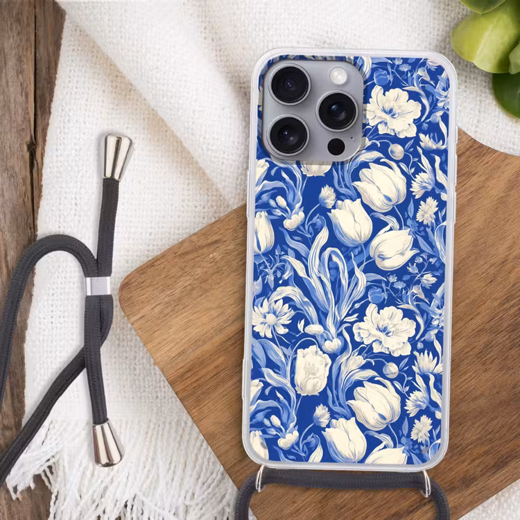 Bloemen - Delfts Blauw - Patroon - Tulp Hoesje iPhone 16 Pro Max met koord klein -sfeer4