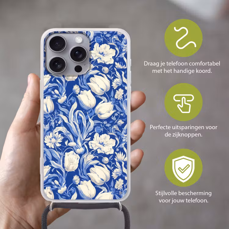 Bloemen - Delfts Blauw - Patroon - Tulp Hoesje iPhone 16 Pro Max met koord klein -sfeer2_NL