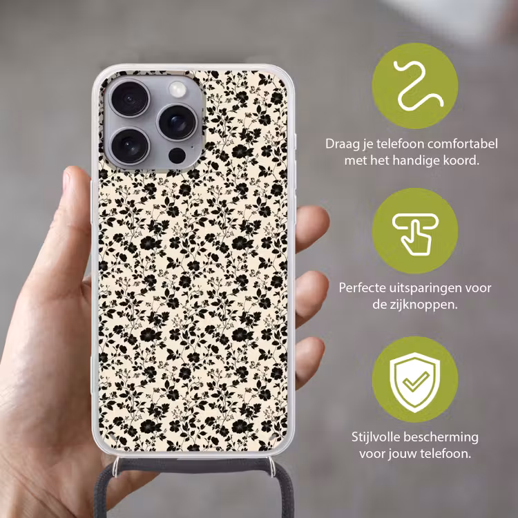 Bloemen - Dessin - Zwart Hoesje iPhone 16 Pro Max met koord klein 804 -sfeer2_NL