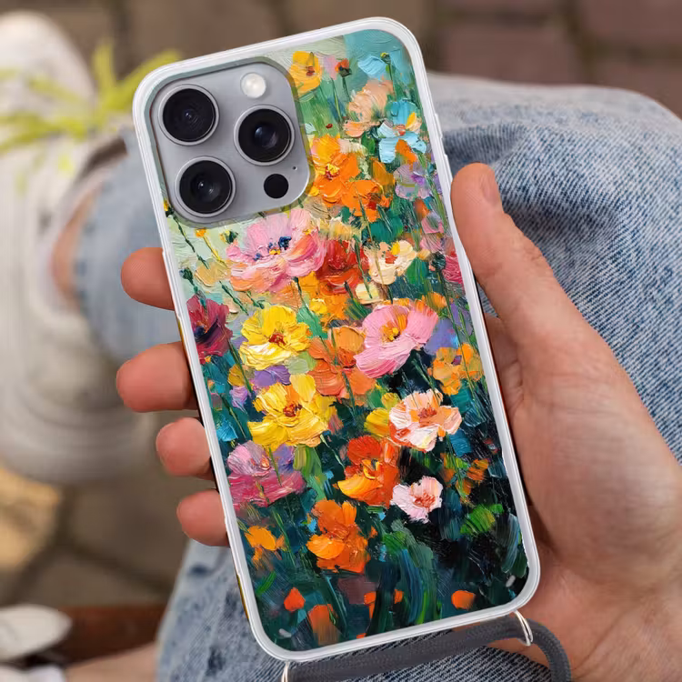 Bloemen explosie - Heldere kleuren - Vrolijk Hoesje iPhone 16 Pro Max met koord klein -sfeer3