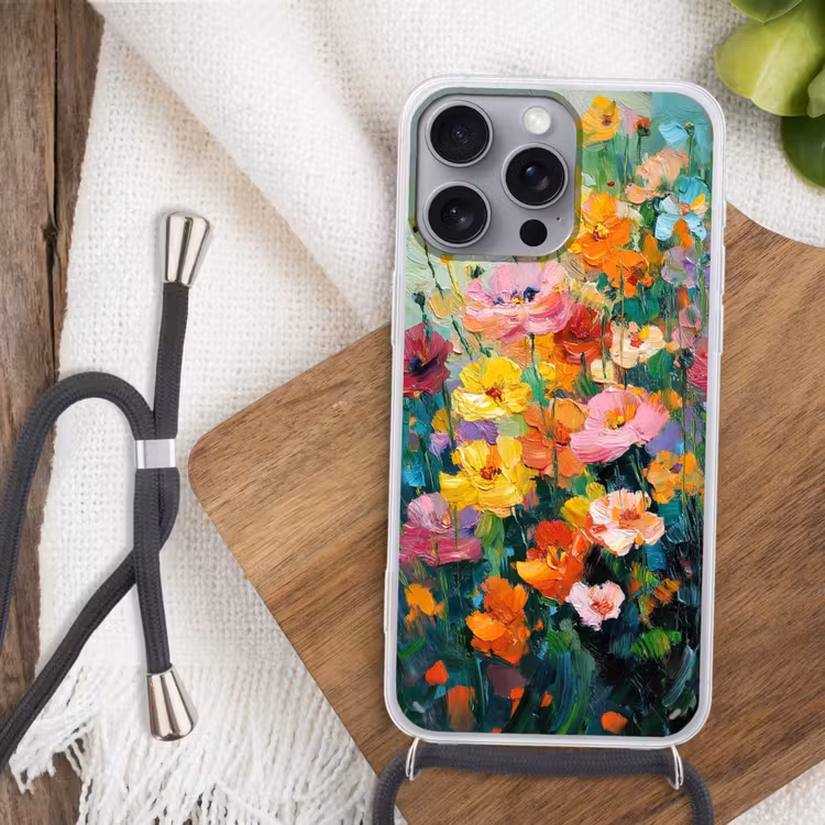 Bloemen explosie - Heldere kleuren - Vrolijk Hoesje iPhone 16 Pro Max met koord klein -sfeer4