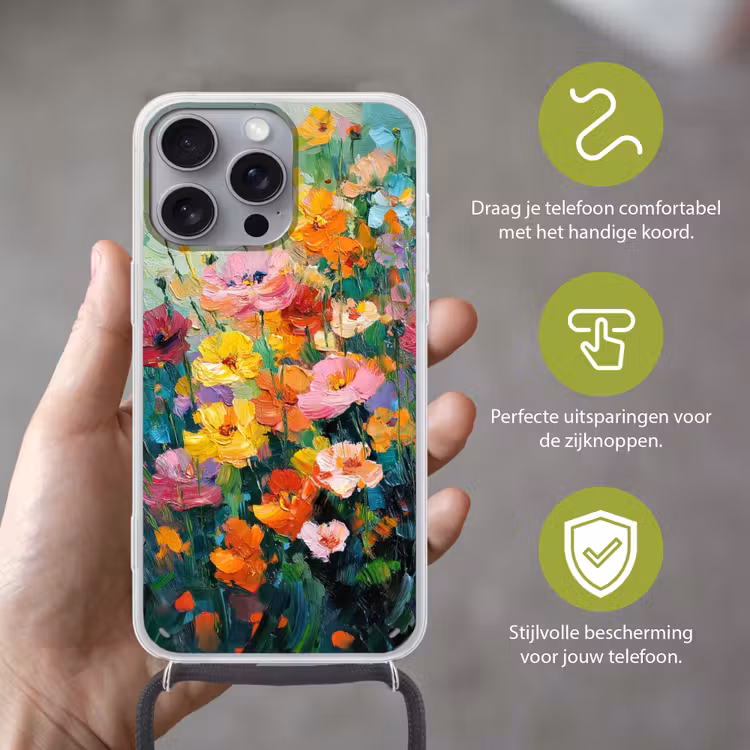 Bloemen explosie - Heldere kleuren - Vrolijk Hoesje iPhone 16 Pro Max met koord klein -sfeer2_NL