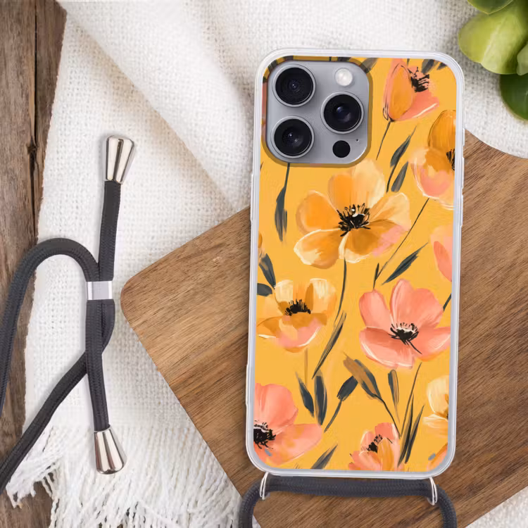 Bloemen - Geschilderd - Geel Hoesje iPhone 16 Pro Max met koord klein -sfeer4