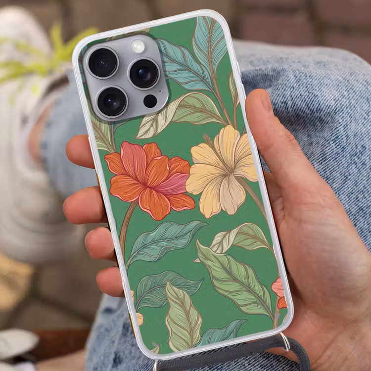 Telefoonhoesje met koord - Bloemen - Groen - Illustratie - Bloemen - Groen - Illustratie Hoesje iPhone 16 Pro Max met koord klein
