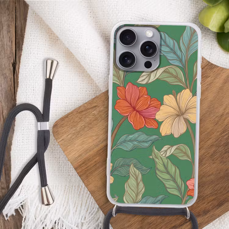 Telefoonhoesje met koord - Bloemen - Groen - Illustratie - Bloemen - Groen - Illustratie Hoesje iPhone 16 Pro Max met koord klein