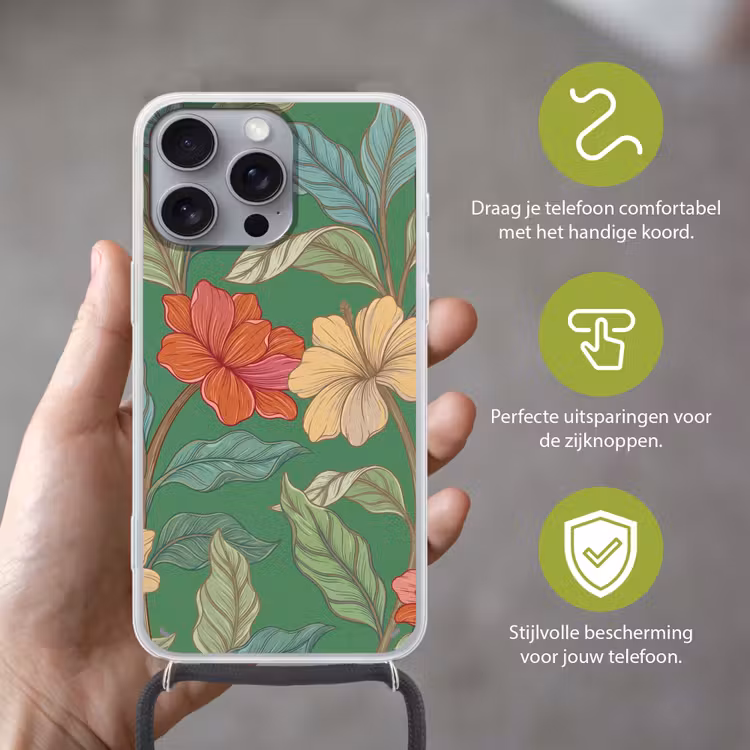Telefoonhoesje met koord - Bloemen - Groen - Illustratie - Bloemen - Groen - Illustratie Hoesje iPhone 16 Pro Max met koord klein