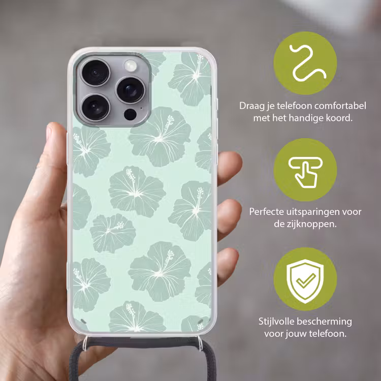 Bloemen - Hibiscus - Mint Hoesje iPhone 16 Pro Max met koord klein 804 -sfeer2_NL