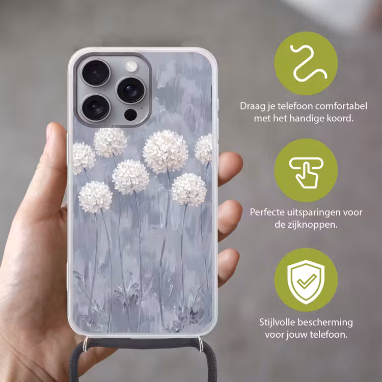 Bloemen - Illustratie - Blauw Hoesje iPhone 16 Pro Max met koord klein -sfeer2_NL