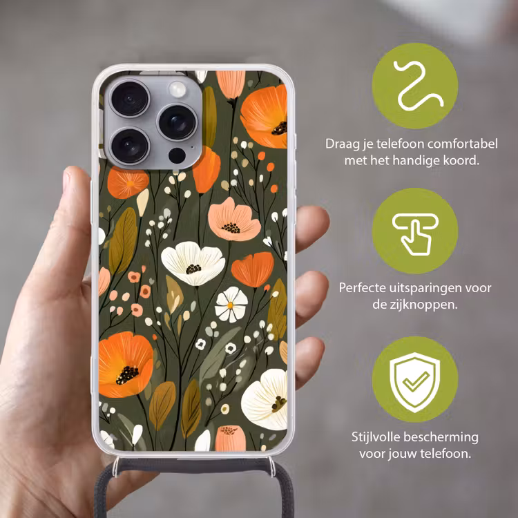 Bloemen - Illustratie - Groen Hoesje iPhone 16 Pro Max met koord klein -sfeer2_NL