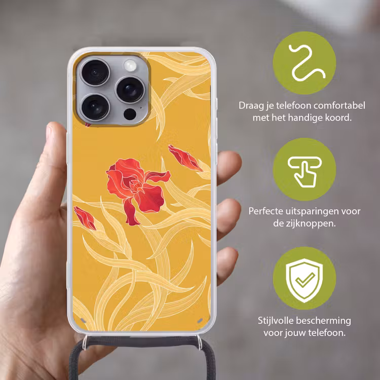 Telefoonhoesje met koord - Bloemen - Illustratie - Rood - Bloemen - Illustratie - Rood Hoesje iPhone 16 Pro Max met koord klein