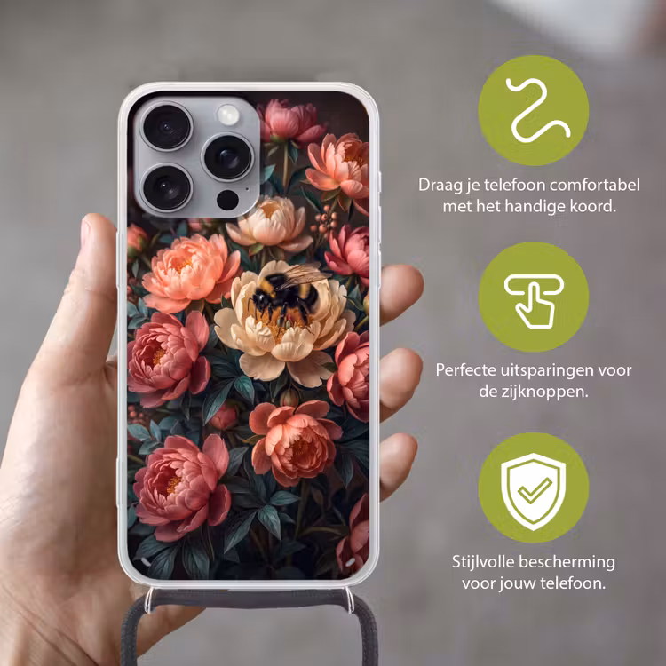 Bloemen - Insect - Natuur - Roze Hoesje iPhone 16 Pro Max met koord klein -sfeer2_NL