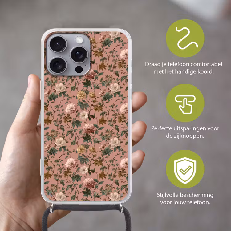 Bloemen - Klassiek - Roze Hoesje iPhone 16 Pro Max met koord klein 804 -sfeer2_NL