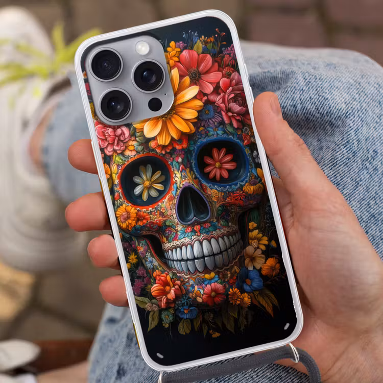 Bloemen - Kleurrijk - Schedel Hoesje iPhone 16 Pro Max met koord klein -sfeer3