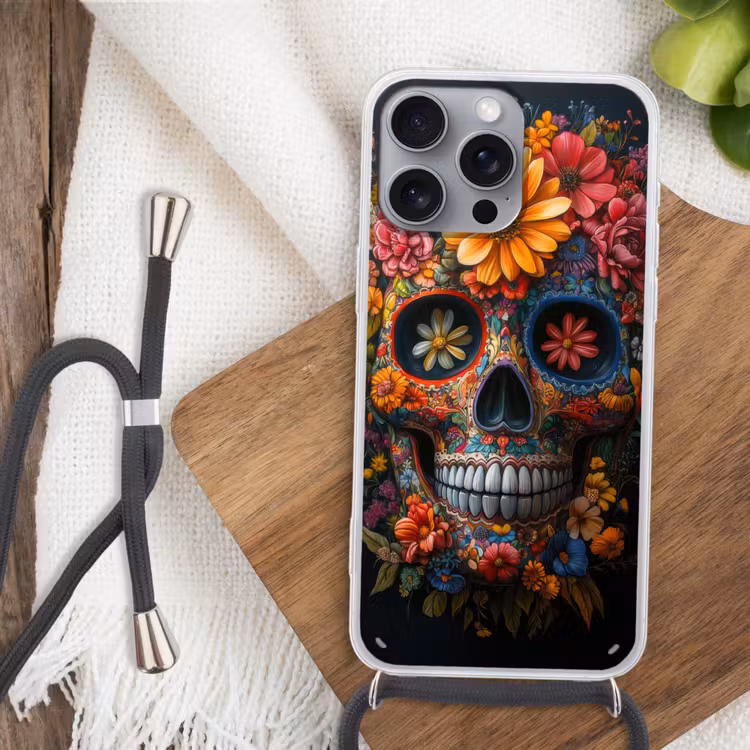 Bloemen - Kleurrijk - Schedel Hoesje iPhone 16 Pro Max met koord klein -sfeer4