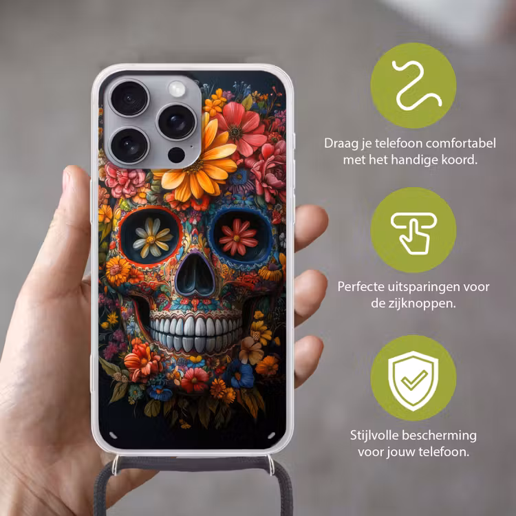 Bloemen - Kleurrijk - Schedel Hoesje iPhone 16 Pro Max met koord klein -sfeer2_NL