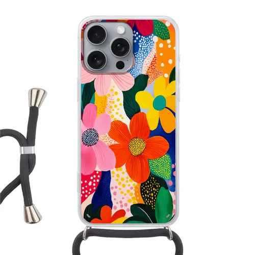 Bloemen - Kleurrijk - Stippen Hoesje iPhone 16 Pro Max met koord klein -3d