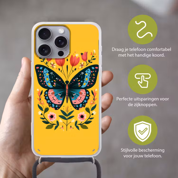 Bloemen - Kleurrijk - Vlinder - Sierlijk Hoesje iPhone 16 Pro Max met koord klein -sfeer2_NL