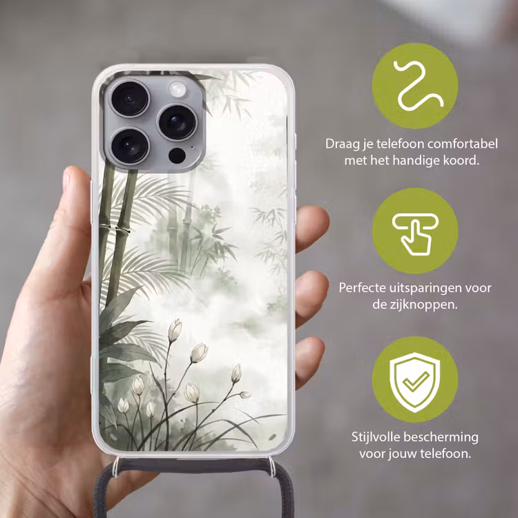Bloemen - Knop - Tuin - Illustratie - Wit Hoesje iPhone 16 Pro Max met koord klein -sfeer2_NL