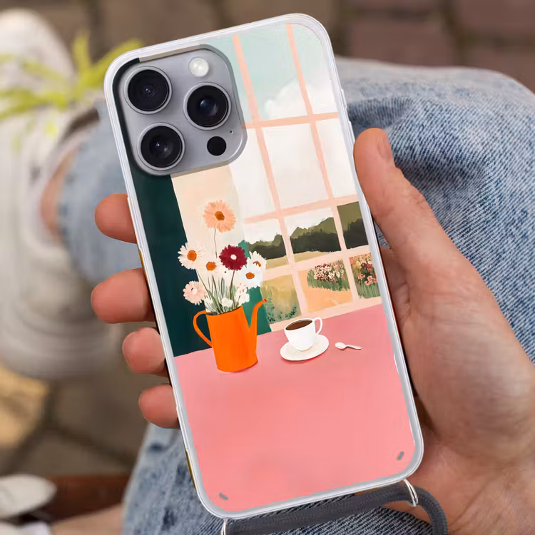 Bloemen - Koffie - Raam Hoesje iPhone 16 Pro Max met koord klein -sfeer3