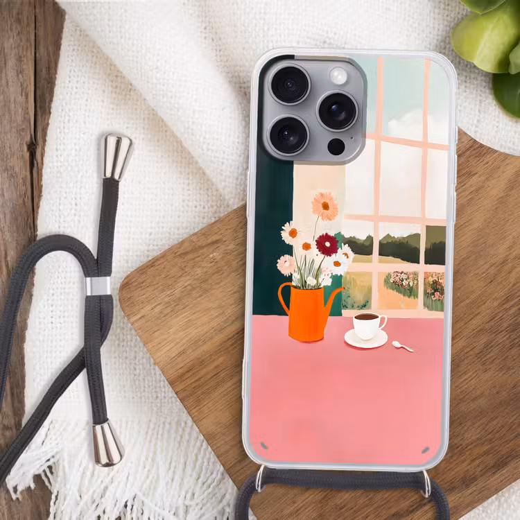 Bloemen - Koffie - Raam Hoesje iPhone 16 Pro Max met koord klein -sfeer4