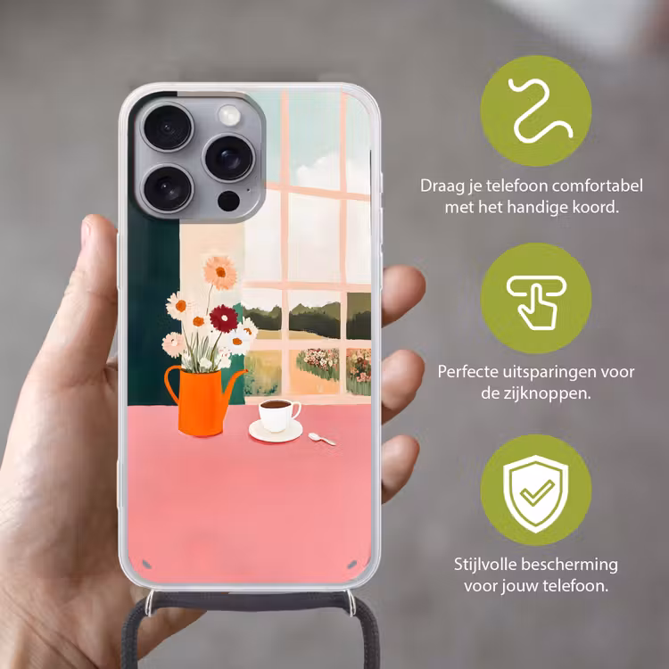 Bloemen - Koffie - Raam Hoesje iPhone 16 Pro Max met koord klein -sfeer2_NL