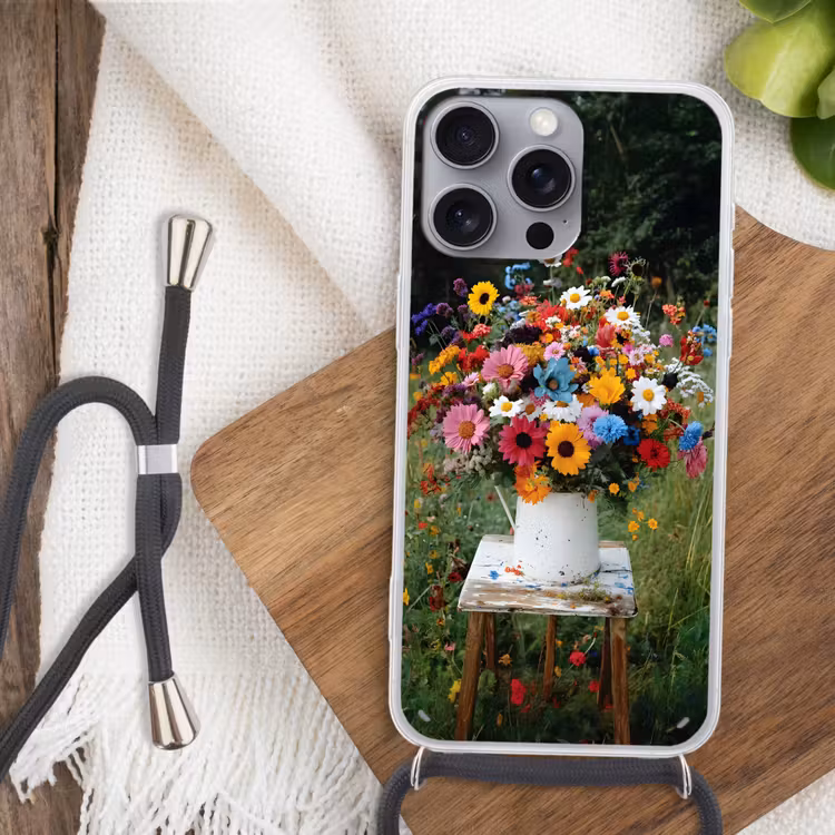 Bloemen - Krukje - Gieter - Veld Hoesje iPhone 16 Pro Max met koord klein -sfeer4