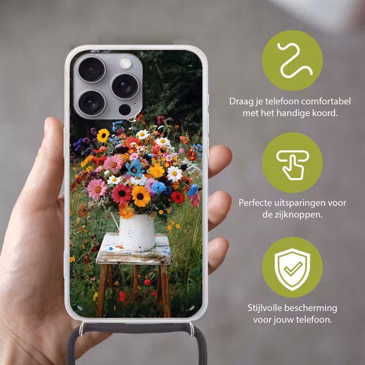 Bloemen - Krukje - Gieter - Veld Hoesje iPhone 16 Pro Max met koord klein -sfeer2_NL