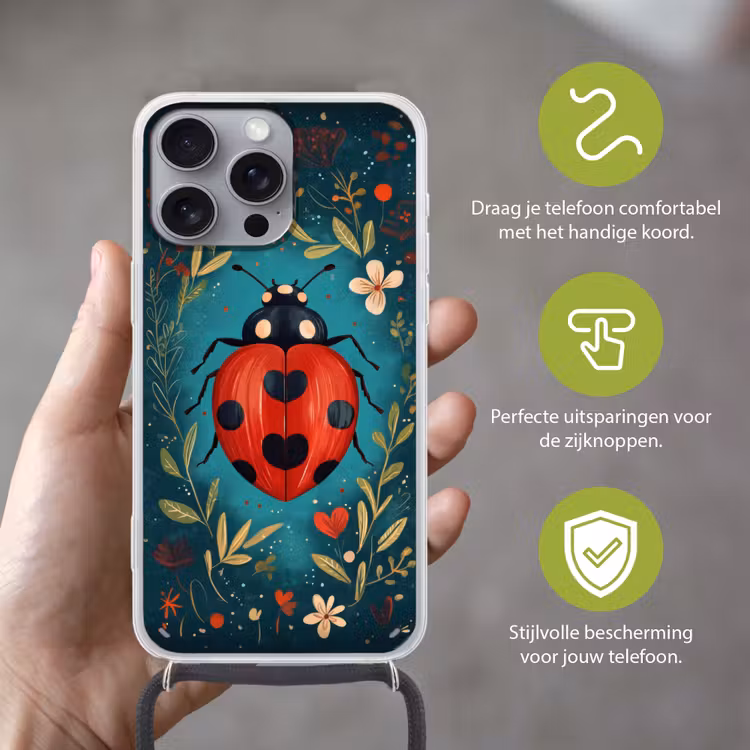 Bloemen - Lieveheersbeestje - Hartje - Rood Hoesje iPhone 16 Pro Max met koord klein -sfeer2_NL