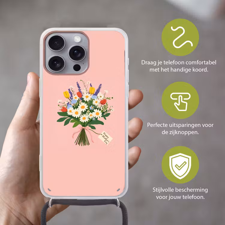 Bloemen - Lint - Kaartje Hoesje iPhone 16 Pro Max met koord klein -sfeer2_NL