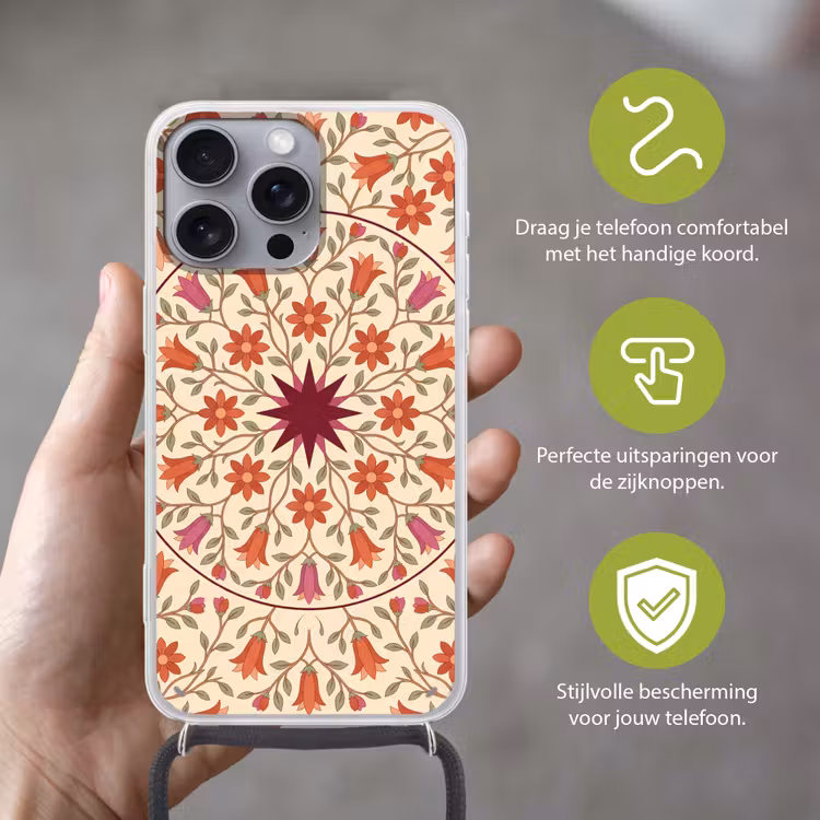 Bloemen - Mandala - Decoratief - Rood Hoesje iPhone 16 Pro Max met koord klein -sfeer2_NL