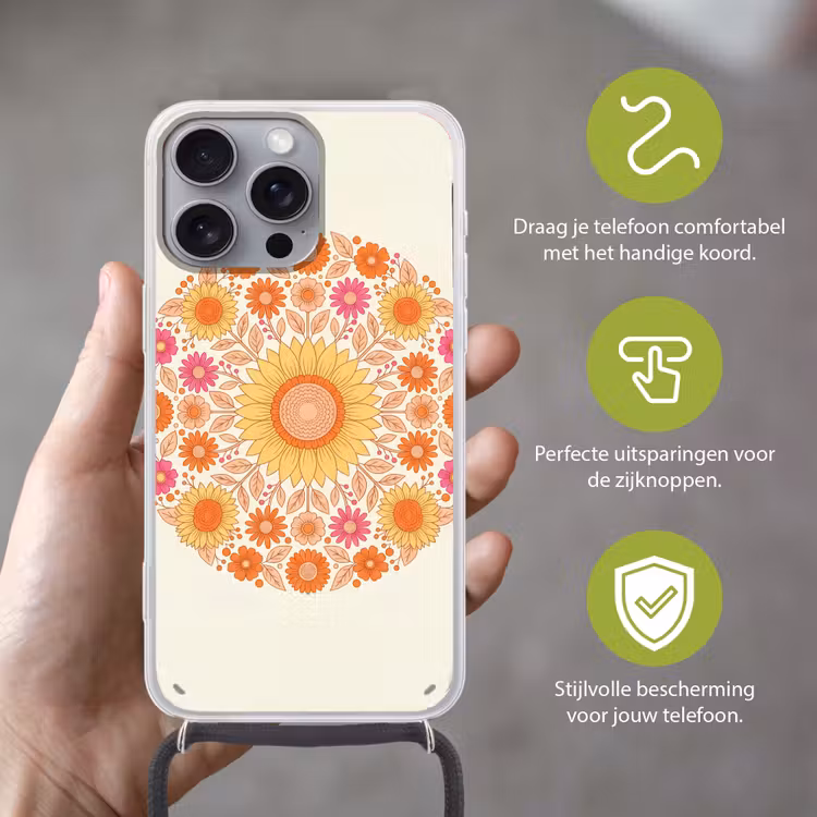 Bloemen - Mandala - Patroon - Kleurrijk Hoesje iPhone 16 Pro Max met koord klein -sfeer2_NL
