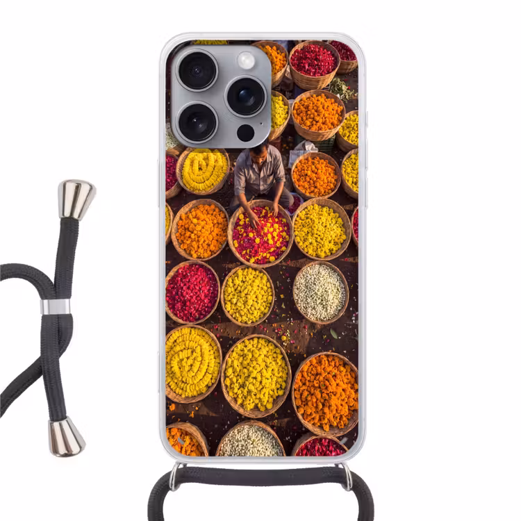 Telefoonhoesje met koord - Bloemen - Markt - Kleurrijk - Bloemen - Markt - Kleurrijk Hoesje iPhone 16 Pro Max met koord klein