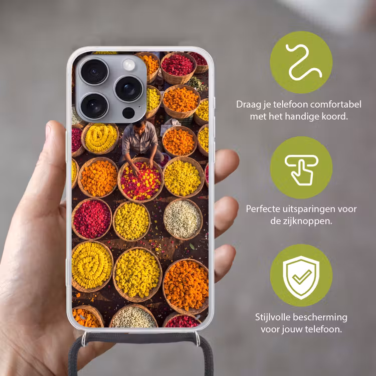 Telefoonhoesje met koord - Bloemen - Markt - Kleurrijk - Bloemen - Markt - Kleurrijk Hoesje iPhone 16 Pro Max met koord klein
